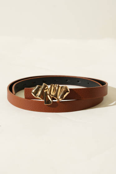 Büzgülü Metal Tokalı Kemer Taba - Deri Kemer