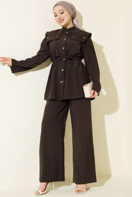 Büzgülü Omuz Allerli İkili Takım Kahve - HEWES