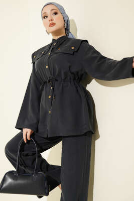 Büzgülü Omuz Allerli İkili Takım Lacivert - HEWES