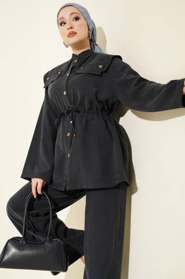 Büzgülü Omuz Allerli İkili Takım Lacivert - İkili Takım