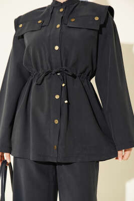 Büzgülü Omuz Allerli İkili Takım Lacivert - İkili Takım