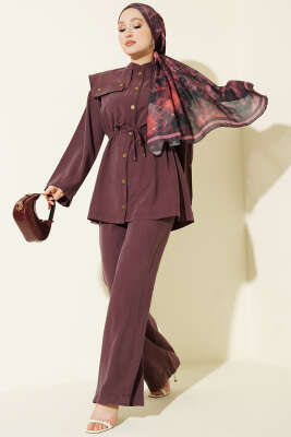 Büzgülü Omuz Allerli İkili Takım Mürdüm - HEWES