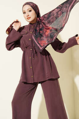 Büzgülü Omuz Allerli İkili Takım Mürdüm - İkili Takım