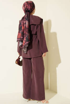 Büzgülü Omuz Allerli İkili Takım Mürdüm - İkili Takım