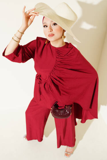 Büzgülü Omuz Pelerinli İkili Takım Bordo - İkili Takım