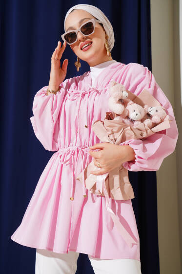 Büzgülü Önden Bağlamalı Kimono Pembe - Dış Giyim&Mont