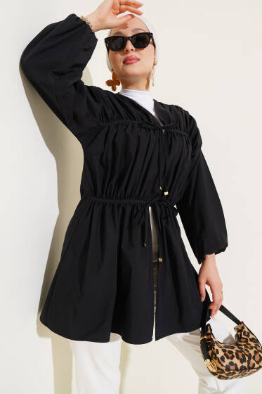 Büzgülü Önden Bağlamalı Kimono Siyah - Dış Giyim&Mont