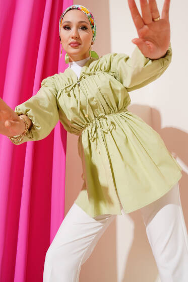 Büzgülü Önden Bağlamalı Kimono Su Yeşili - Dış Giyim&Mont