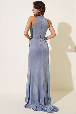 Büzgülü Simli Yırtmaçlı Abiye Elbise Bebe Mavi - Kadın Giyim Modelleri