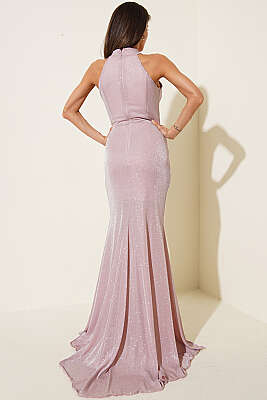 Büzgülü Simli Yırtmaçlı Abiye Elbise Pudra - Kadın Giyim Modelleri