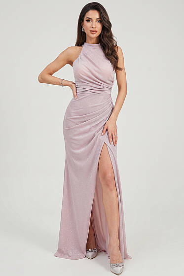 Büzgülü Simli Yırtmaçlı Abiye Elbise Pudra - Kadın Giyim Modelleri