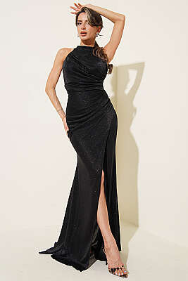 Büzgülü Simli Yırtmaçlı Abiye Elbise Siyah 