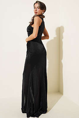 Büzgülü Simli Yırtmaçlı Abiye Elbise Siyah - Kadın Giyim Modelleri