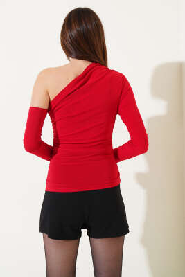 Büzgülü Tek Kol Sandy Bluz Kırmızı - Kadın Giyim Modelleri