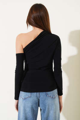 Büzgülü Tek Kol Sandy Bluz Siyah - Kadın Giyim Modelleri