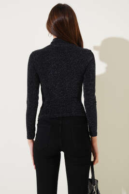 Büzgülü Uzun Kol Simli Bluz Siyah - Kadın Giyim Modelleri