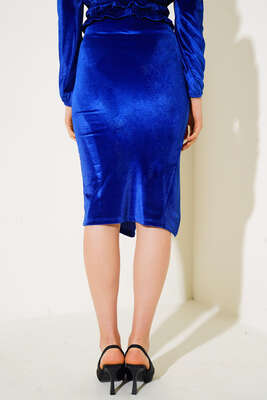 Büzgülü Yırtmaçlı Kadife Etek Saks - Kadın Giyim Modelleri