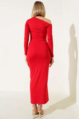 Büzgülü Yırtmaçlı Uzun Kol Elbise Kırmızı - Kadın Giyim Modelleri