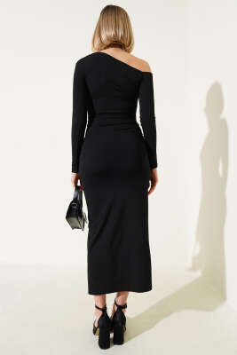 Büzgülü Yırtmaçlı Uzun Kol Elbise Siyah - Kadın Giyim Modelleri