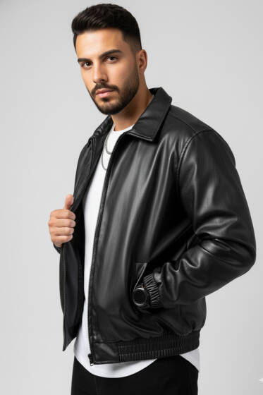 Beli Lastikli Erkek Deri Mont Siyah - Erkek Mont