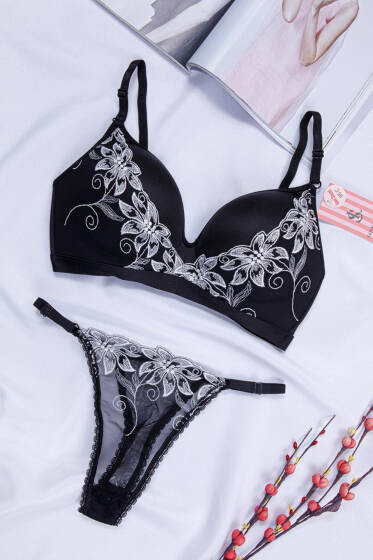 C Cup Dantelli Desteksiz Lotus Sütyen Takım Siyah Beyaz - Desteksiz Sütyen Takım
