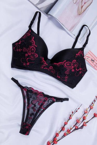 C Cup Dantelli Desteksiz Lotus Sütyen Takım Siyah Fuşya - Desteksiz Sütyen Takım