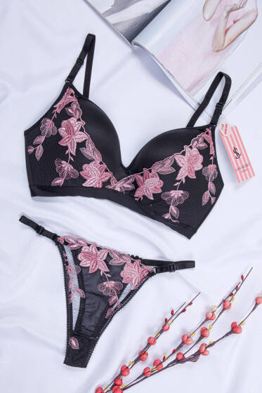 C Cup Dantelli Desteksiz Lotus Sütyen Takım Siyah Pudra - Desteksiz Sütyen Takım