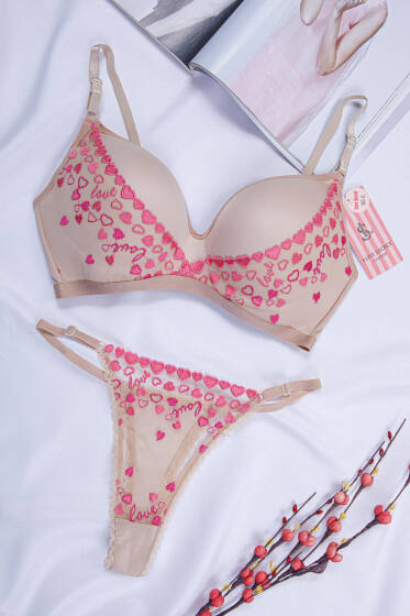 C Cup Dantelli Desteksiz Lotus Sütyen Takım Ten Kırmızı - Desteksiz Sütyen Takım