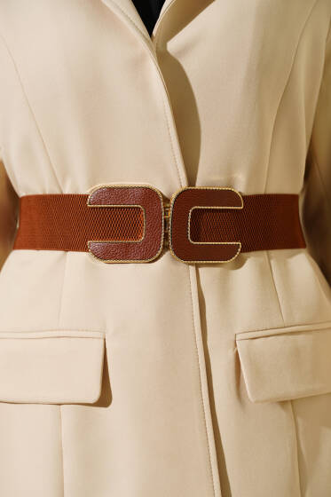 C Logolu Lastikli Kemer Kahve - Deri Kemer