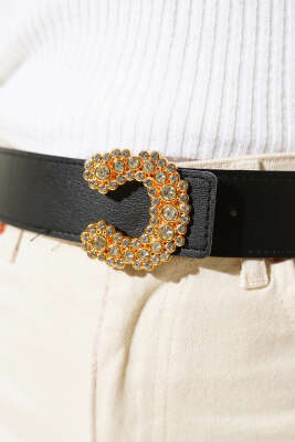 C Tokalı Taşlı Lastikli Kemer Siyah - Deri Kemer