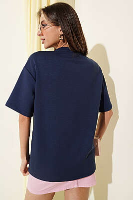 California Baskılı Modal T-shirt Lacivert - Kadın Giyim Modelleri