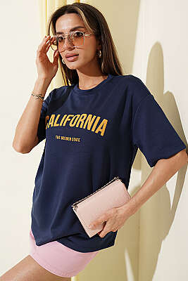 California Baskılı Modal T-shirt Lacivert - HELLIE