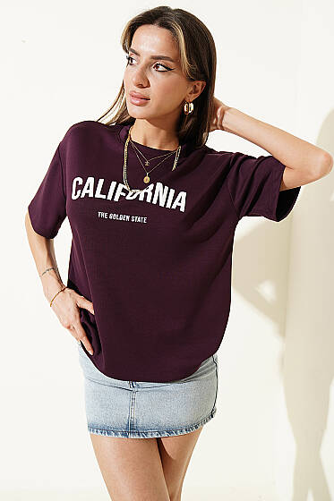 California Baskılı Modal T-shirt Mürdüm - Kadın Giyim Modelleri