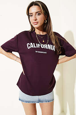 California Baskılı Modal T-shirt Mürdüm - Kadın Giyim Modelleri