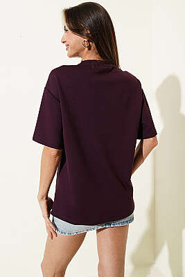 California Baskılı Modal T-shirt Mürdüm - Kadın Giyim Modelleri