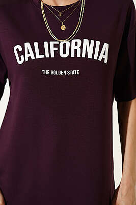 California Baskılı Modal T-shirt Mürdüm - Kadın Giyim Modelleri
