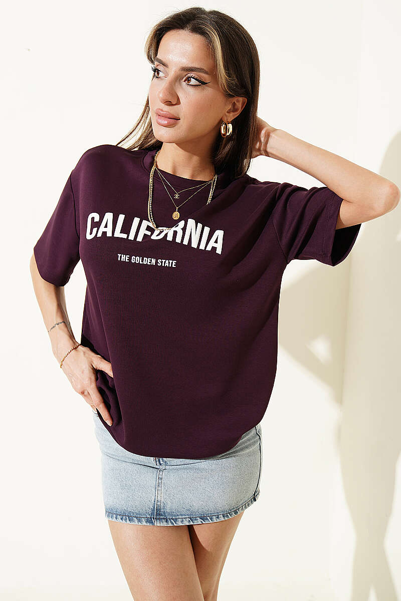 California Baskılı Modal T-shirt Mürdüm