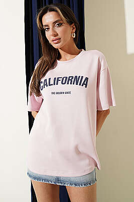 California Baskılı Modal T-shirt Pembe - Kadın Giyim Modelleri