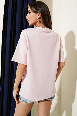 California Baskılı Modal T-shirt Pembe - Kadın Giyim Modelleri