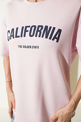 California Baskılı Modal T-shirt Pembe - Kadın Giyim Modelleri
