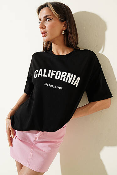 California Baskılı Modal T-shirt Siyah - Kadın Giyim Modelleri
