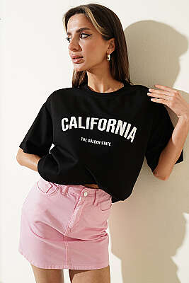 California Baskılı Modal T-shirt Siyah - Kadın Giyim Modelleri