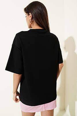 California Baskılı Modal T-shirt Siyah - Kadın Giyim Modelleri