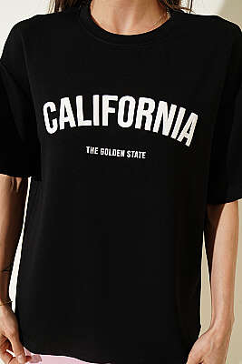 California Baskılı Modal T-shirt Siyah - Kadın Giyim Modelleri