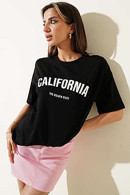 California Baskılı Modal T-shirt Siyah - HELLIE