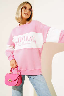 California Baskılı Üç İplik Sweatshirt Pembe - Kadın Giyim Modelleri