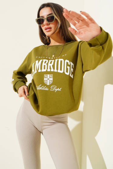 Cambridge Baskılı Şardonlu Sweat Haki - Kadın Giyim Modelleri