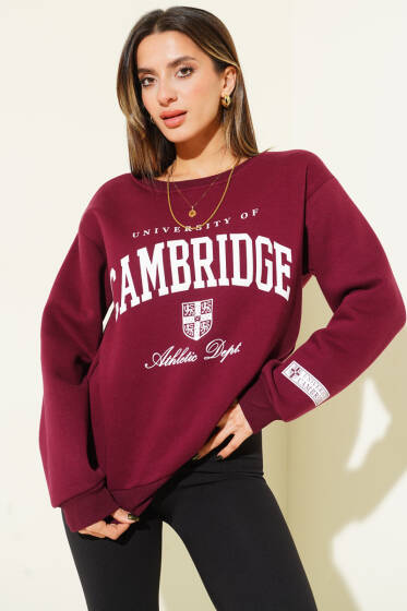 Cambridge Baskılı Şardonlu Sweat Mürdüm - Kadın Giyim Modelleri