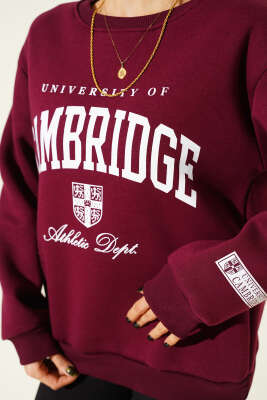 Cambridge Baskılı Şardonlu Sweat Mürdüm - Kadın Giyim Modelleri