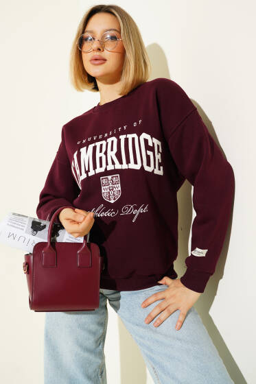 Cambridge Baskılı Sweatshirt Mürdüm - Kadın Giyim Modelleri